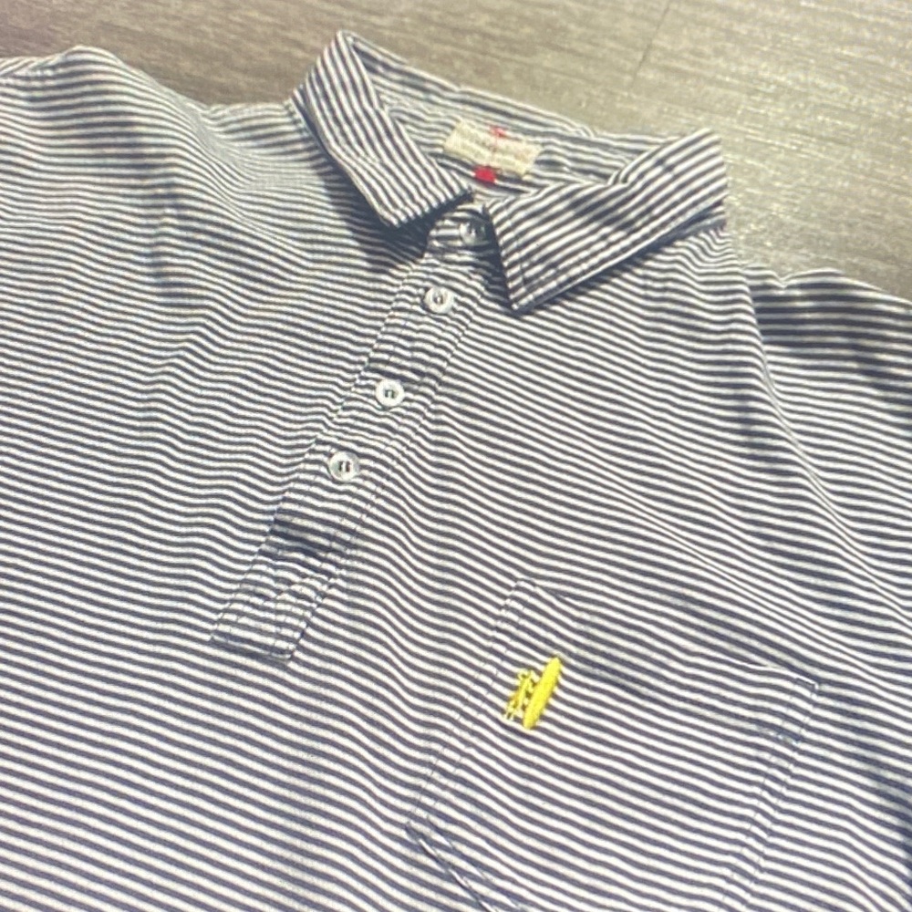johnnie-O Navy and White Striped Polo with Yellow Detail